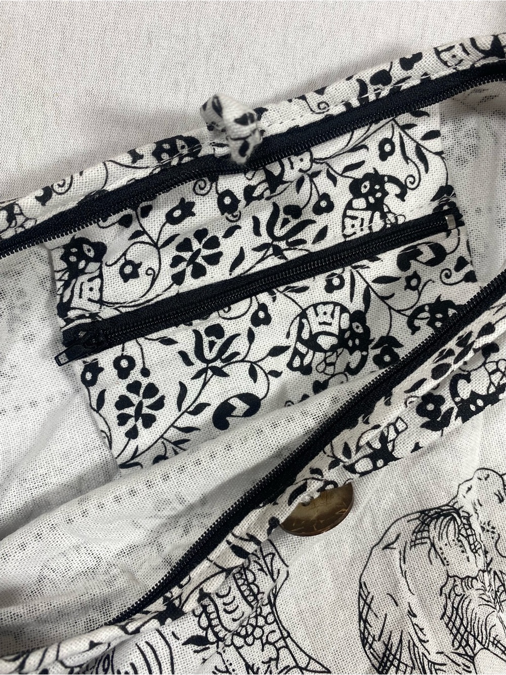 Thai Cotton Elephant Print Boho Shoulder Crossbody Bag Black White - Picture 8 of 10